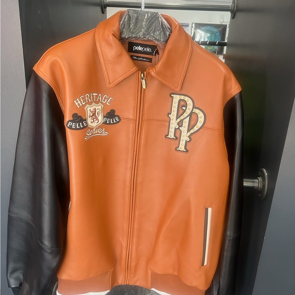Pelle Pelle Orange and Black Varsity Bomber Jacket